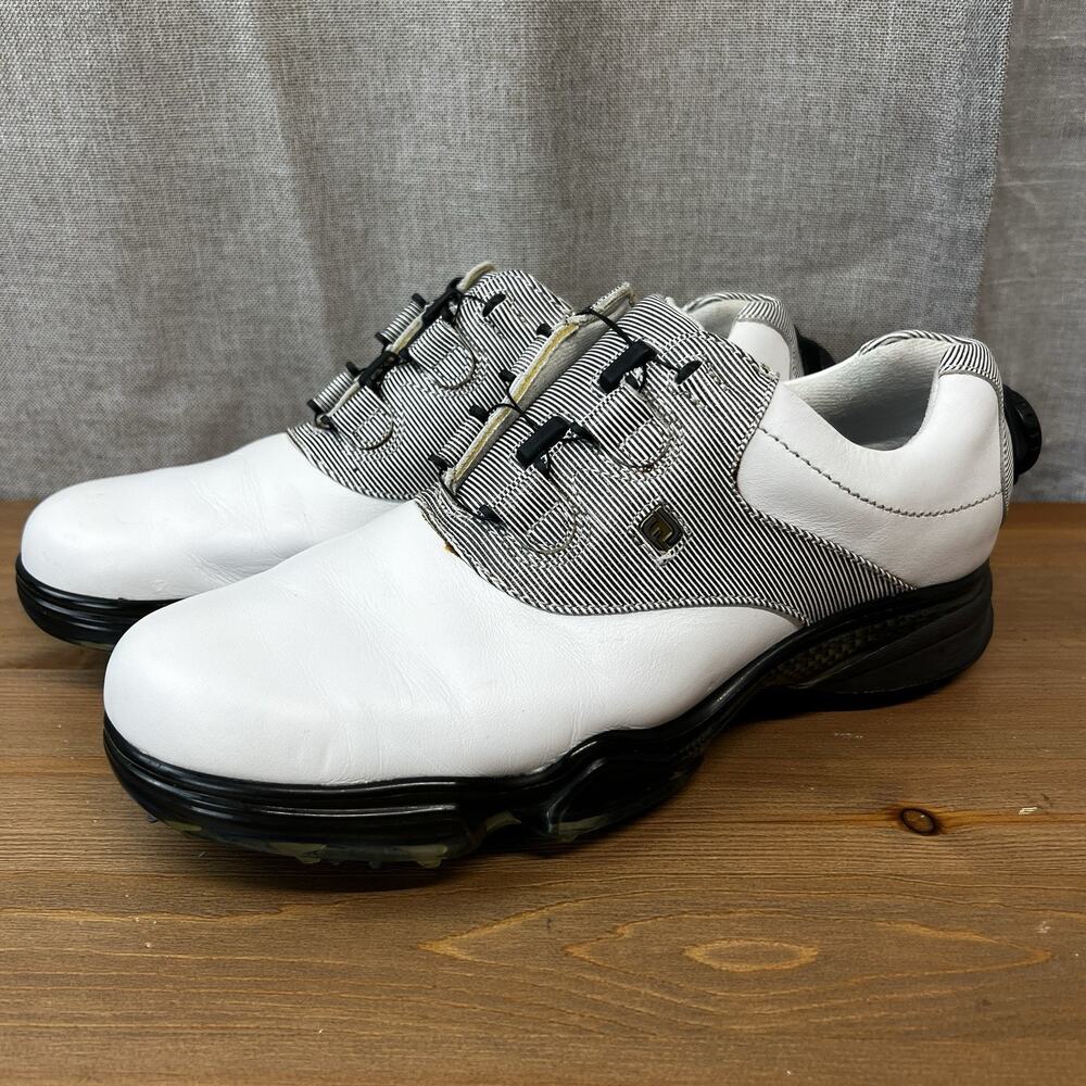 FootJoy Women Golf Shoe BOA Lace Dial Pin Stripped White Gray Soft Spike Sz 8 M